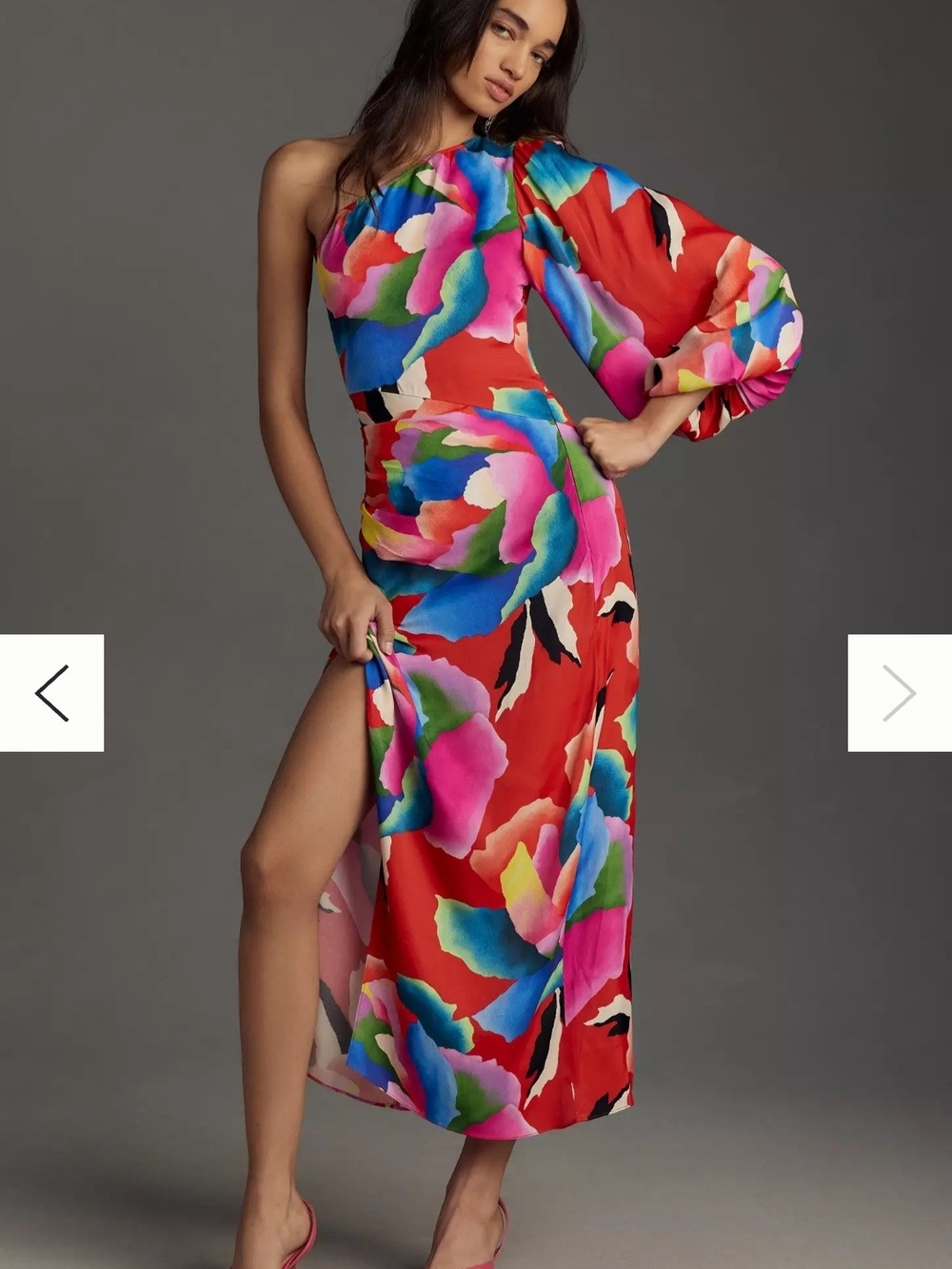Anthropologie One-Shoulder Floral Midi Dress - Red, Pink, Blue, Green